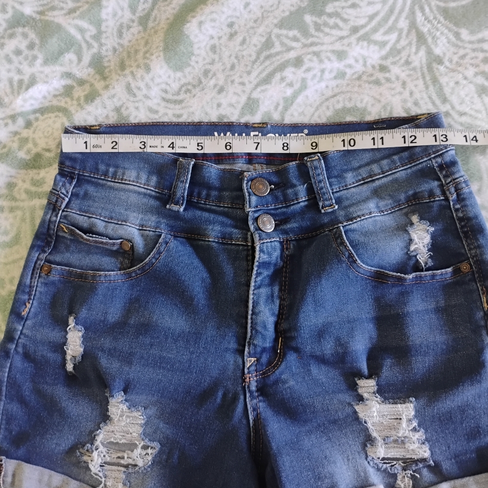 Wallflower Women's Distressed Blue Jean Shorts - Picture 3 of 5